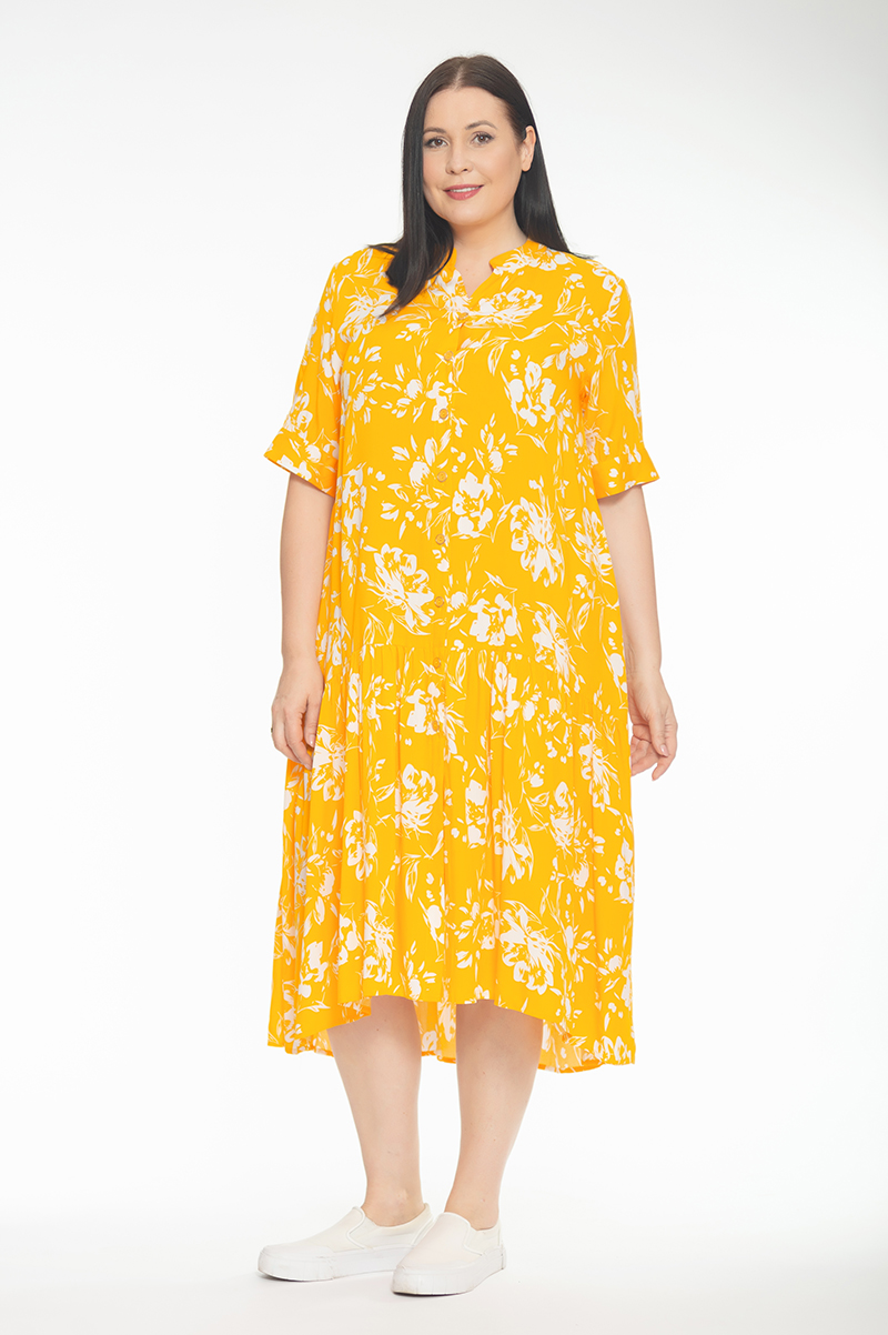 Платье 170-38-14-05М желтое, белые цветы, пуговицы, волан