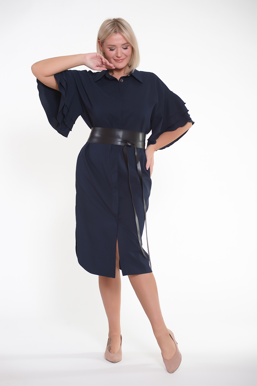 Платье 280-38-28М темно-синее, рукава воланы