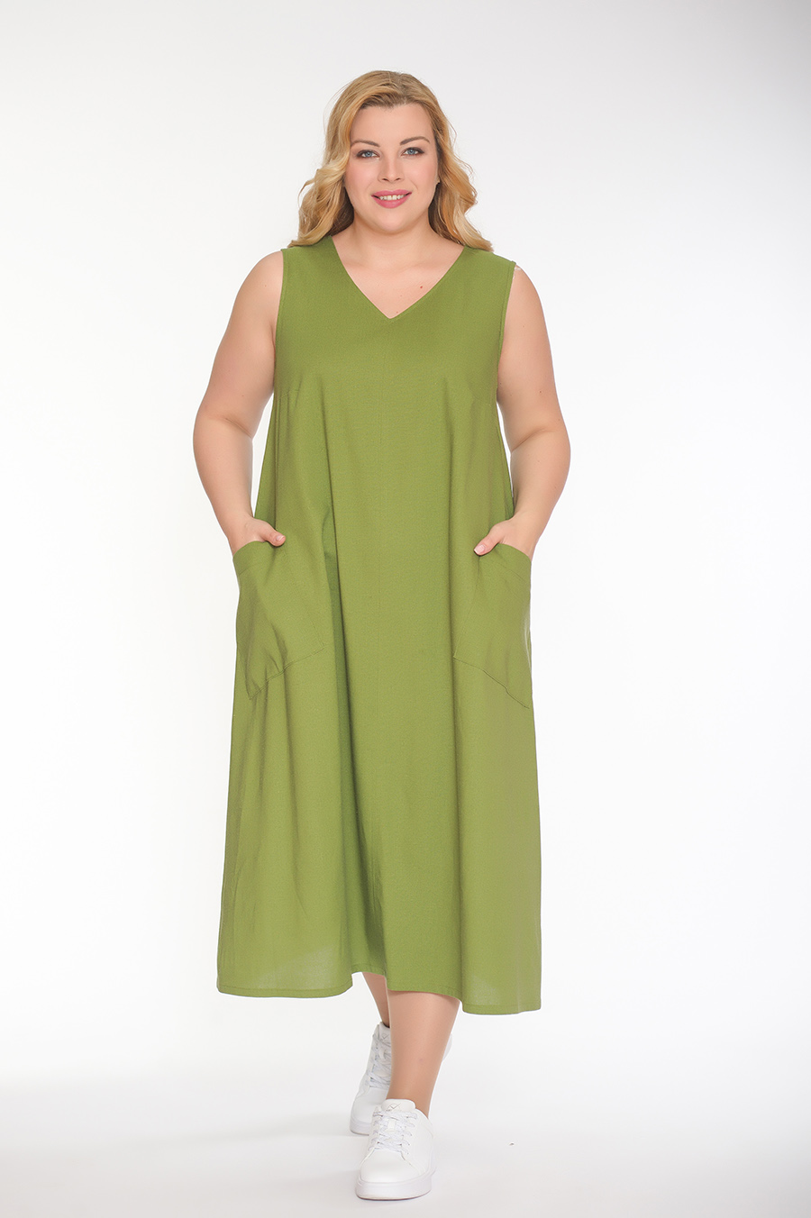 Платье 201-38-57М Оливковый, лен, 2 кармана